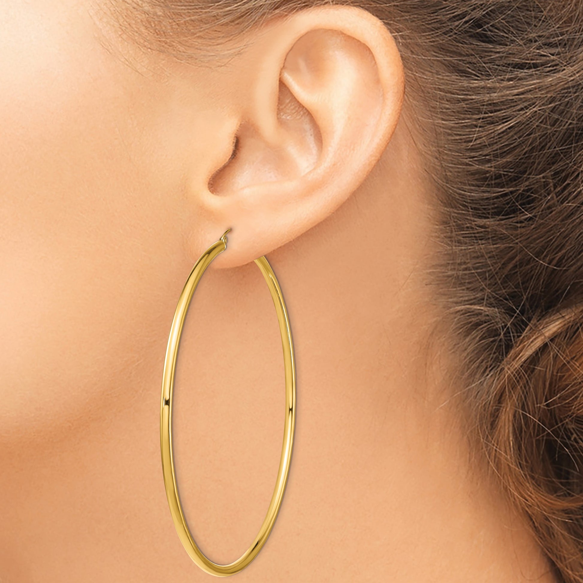14k 3x90mm Polished Lightweight Round Tube Hoop Earrings