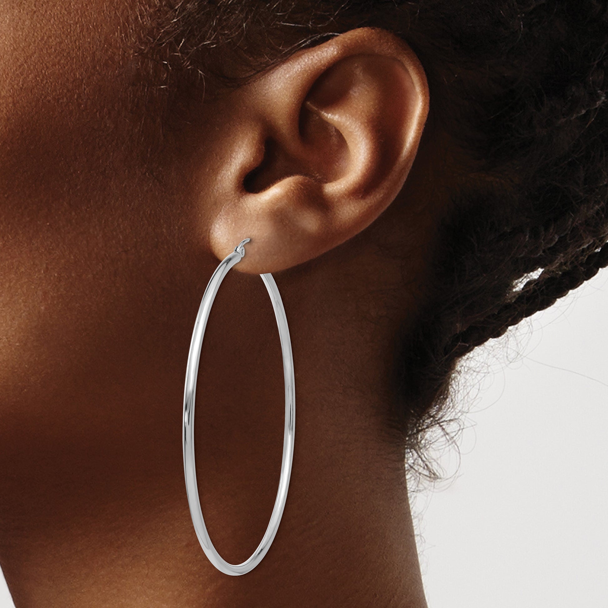 14k White Gold 2x60mm Polished Lightweight Tube Hoop Earrings