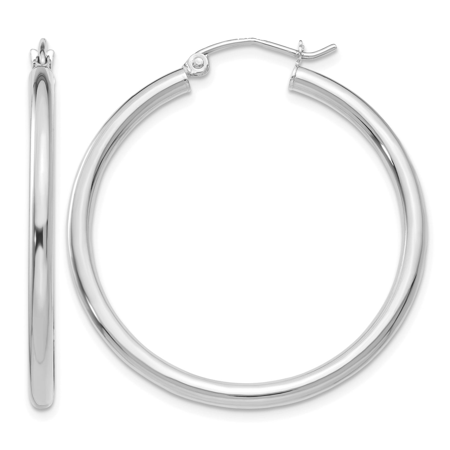 14K White Gold 2.5x35mm Polished Round Tube Hoop Earrings