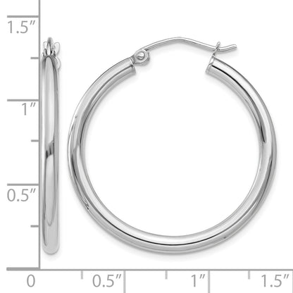 14K White Gold 2.5x30mm Polished Round Tube Hoop Earrings