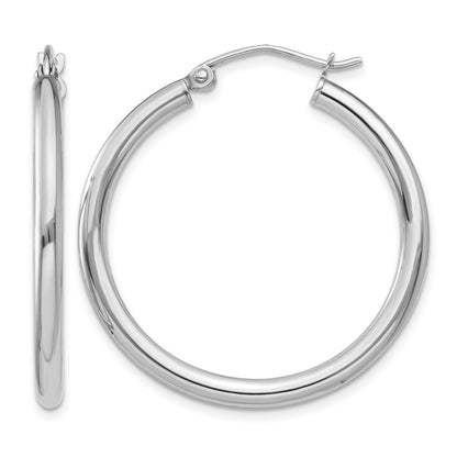 14K White Gold 2.5x30mm Polished Round Tube Hoop Earrings