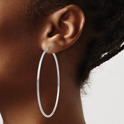 14K White Gold 2.5x65mm Polished Round Tube Hoop Earrings
