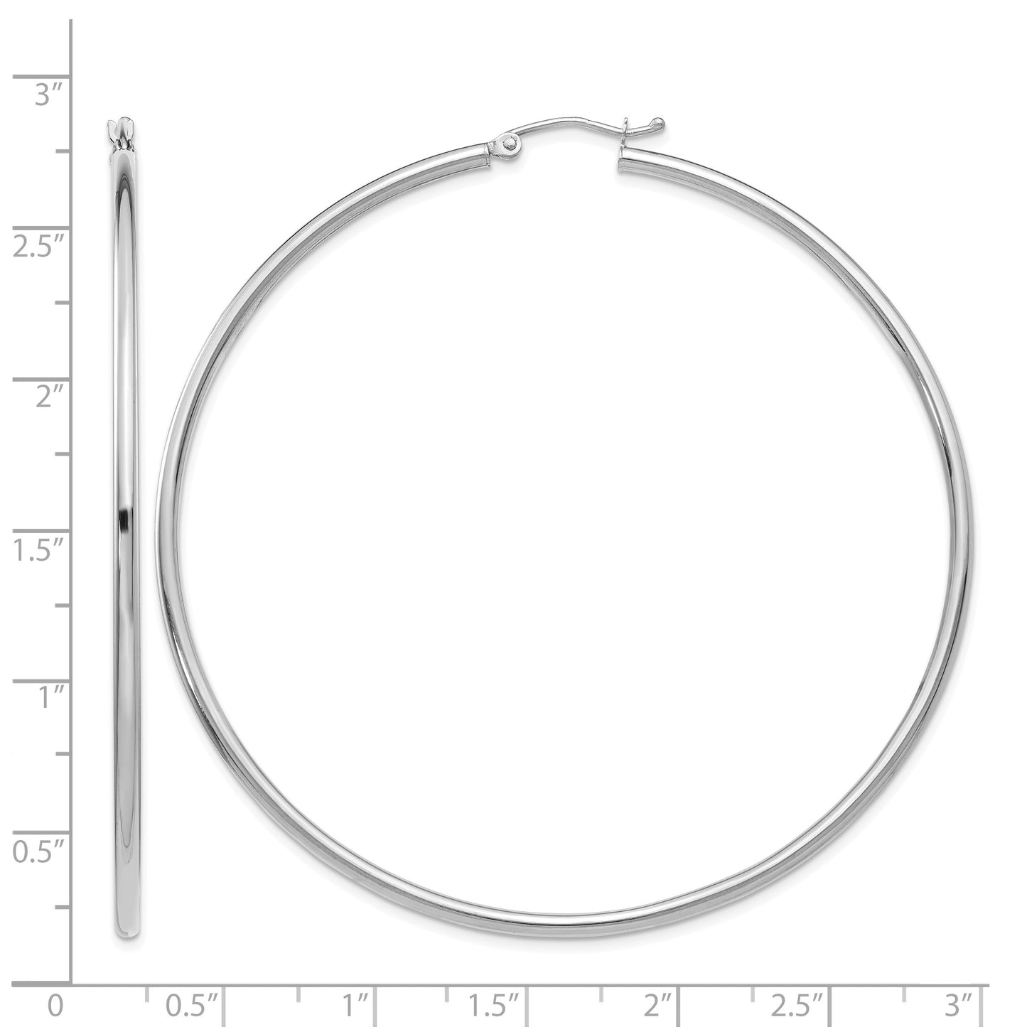 14K White Gold 2.5x65mm Polished Round Tube Hoop Earrings
