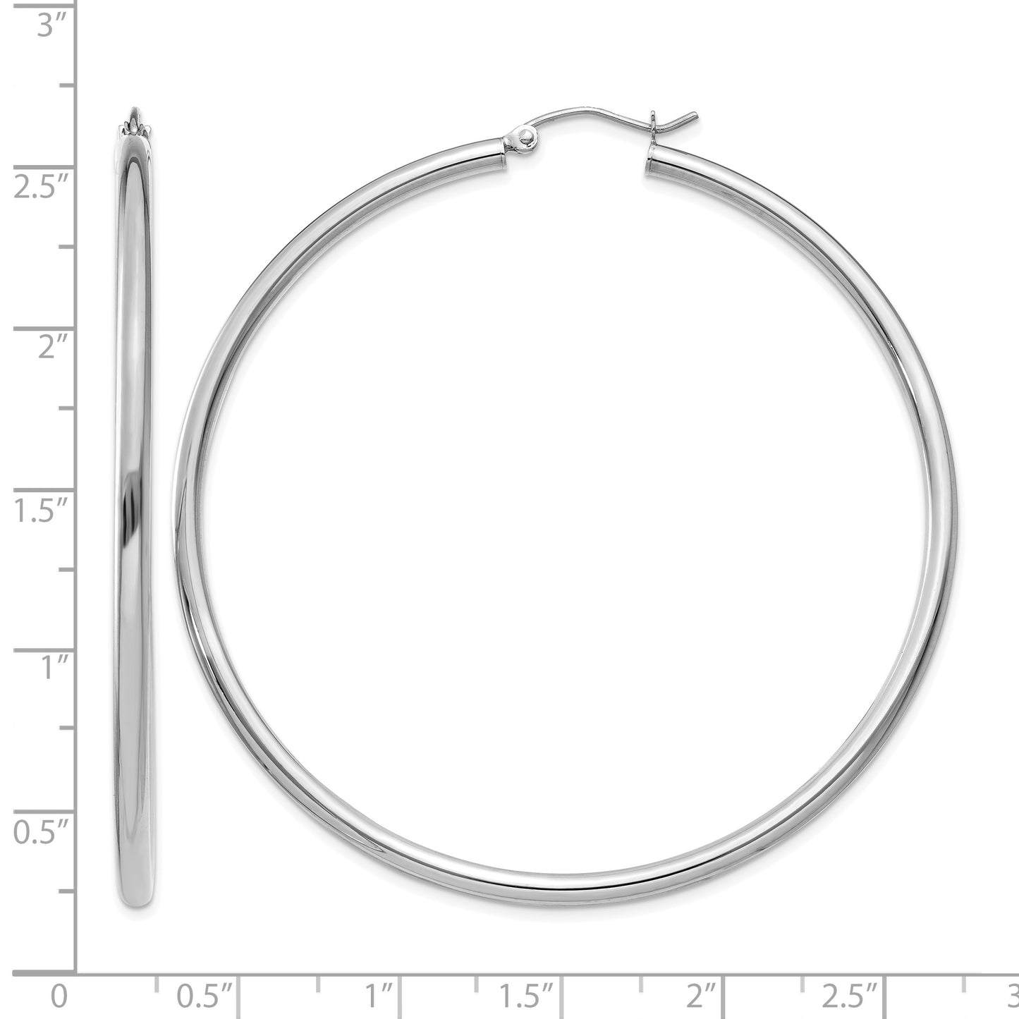 14K White Gold 2.5x60mm Polished Round Tube Hoop Earrings