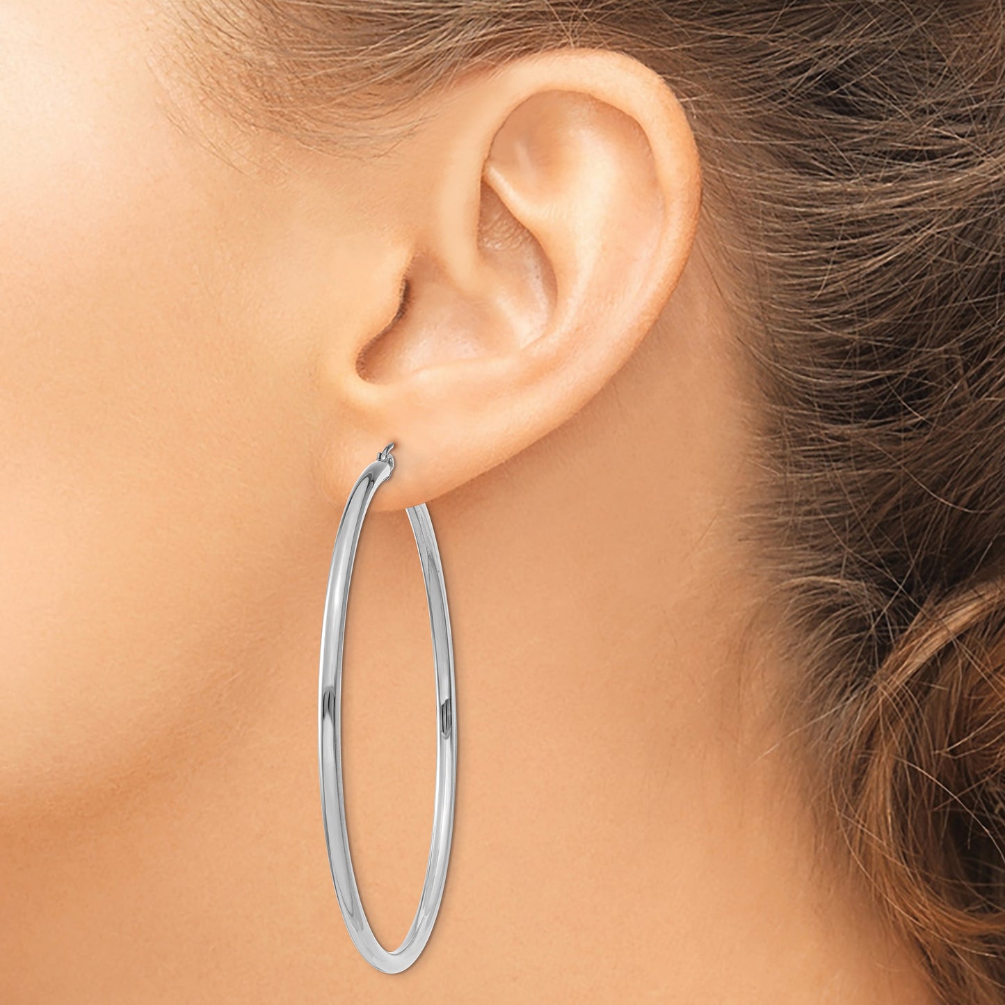 14K White Gold 2.5x60mm Polished Lightweight Tube Hoop Earrings
