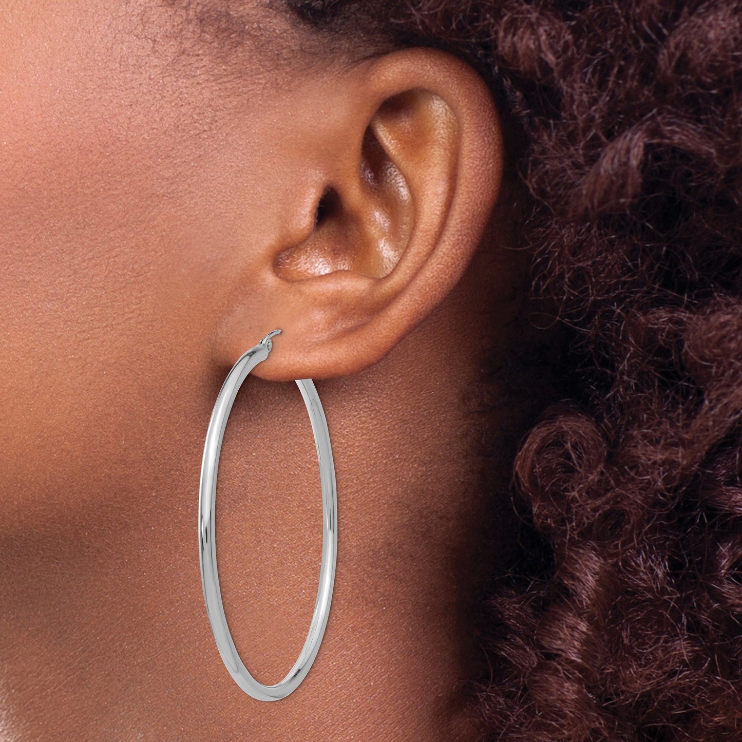 14K White Gold 2.5x55mm Polished Round Tube Hoop Earrings
