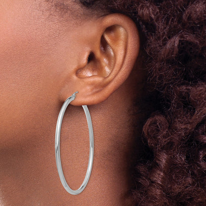 14K White Gold 2.5x55mm Polished Round Tube Hoop Earrings