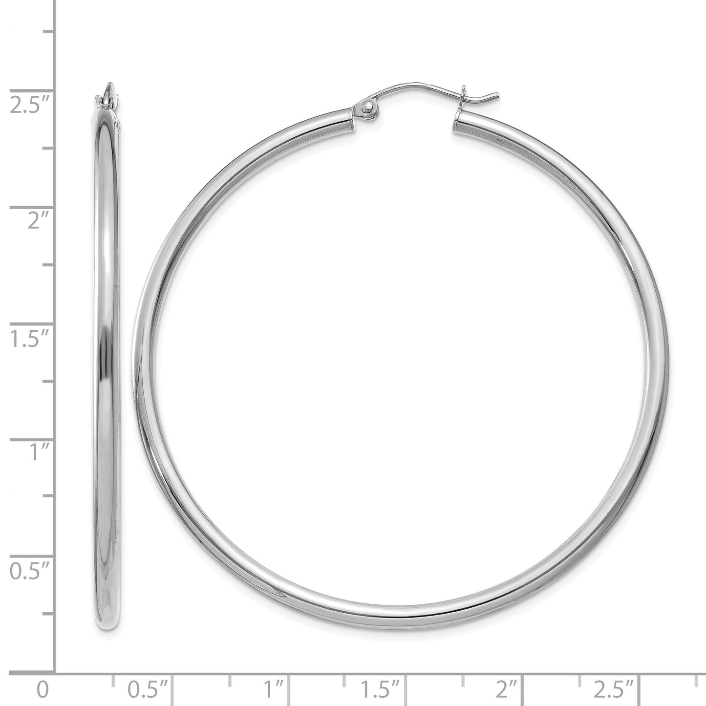 14K White Gold 2.5x55mm Polished Lightweight Tube Hoop Earrings