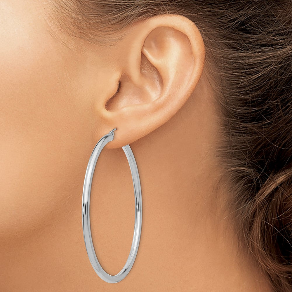 14K White Gold Polished 3mm Lightweight Tube Hoop Earrings