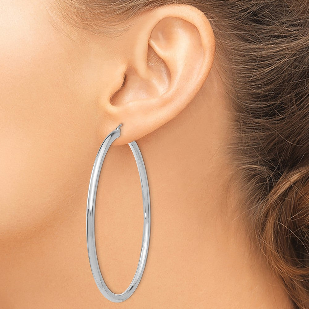 14K White Gold Polished 3mm Lightweight Tube Hoop Earrings