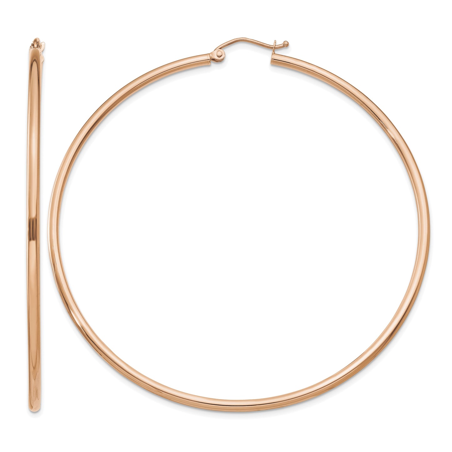 14k Rose Gold 2x65mm Polished Lightweight Tube Hoop Earrings