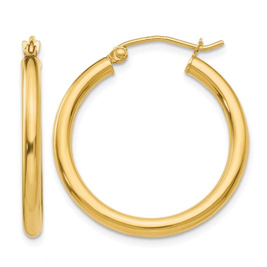 14K 2.5x25mm Polished Round Tube Hoop Earrings