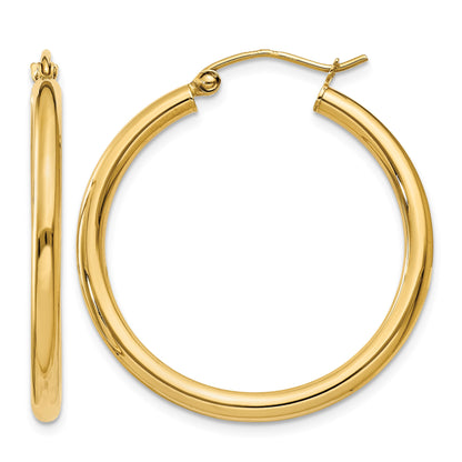 14K 2.5x30mm Polished Round Tube Hoop Earrings