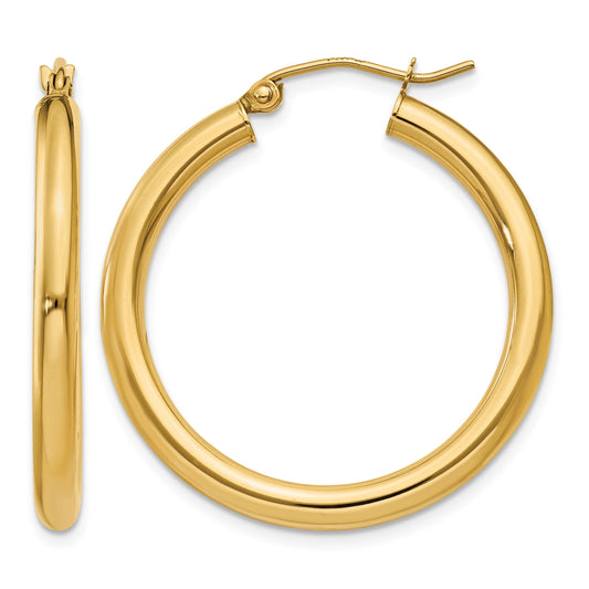 14K 3x30mm Polished Lightweight Tube Hoop Earrings