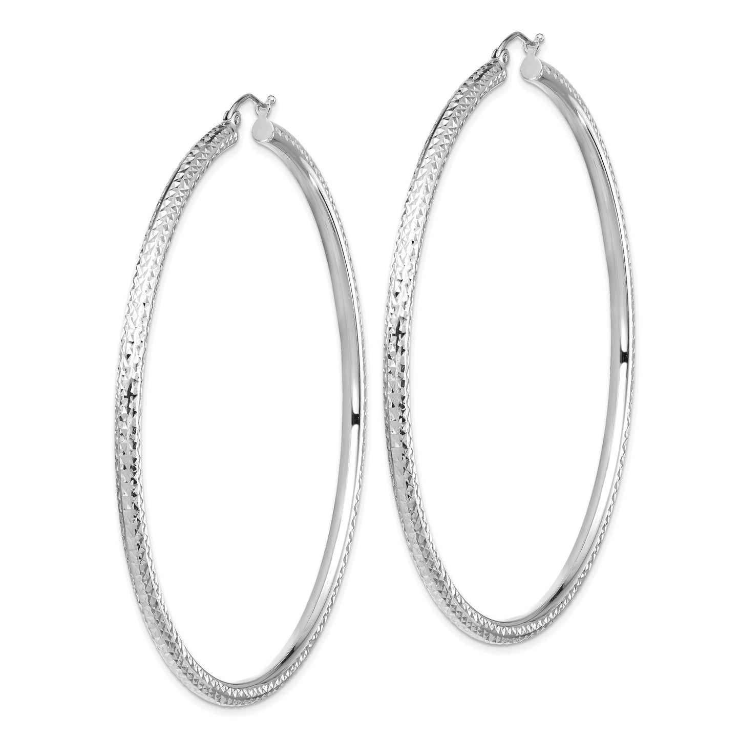 14k White Gold 3x70mm Lightweight Diamond-cut Tube Hoop Earrings