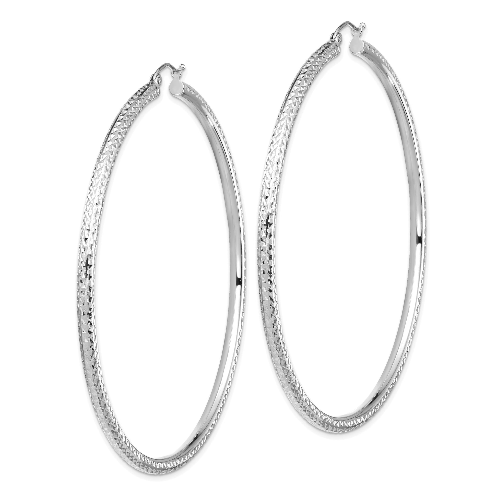 14k White Gold 3x70mm Lightweight Diamond-cut Tube Hoop Earrings