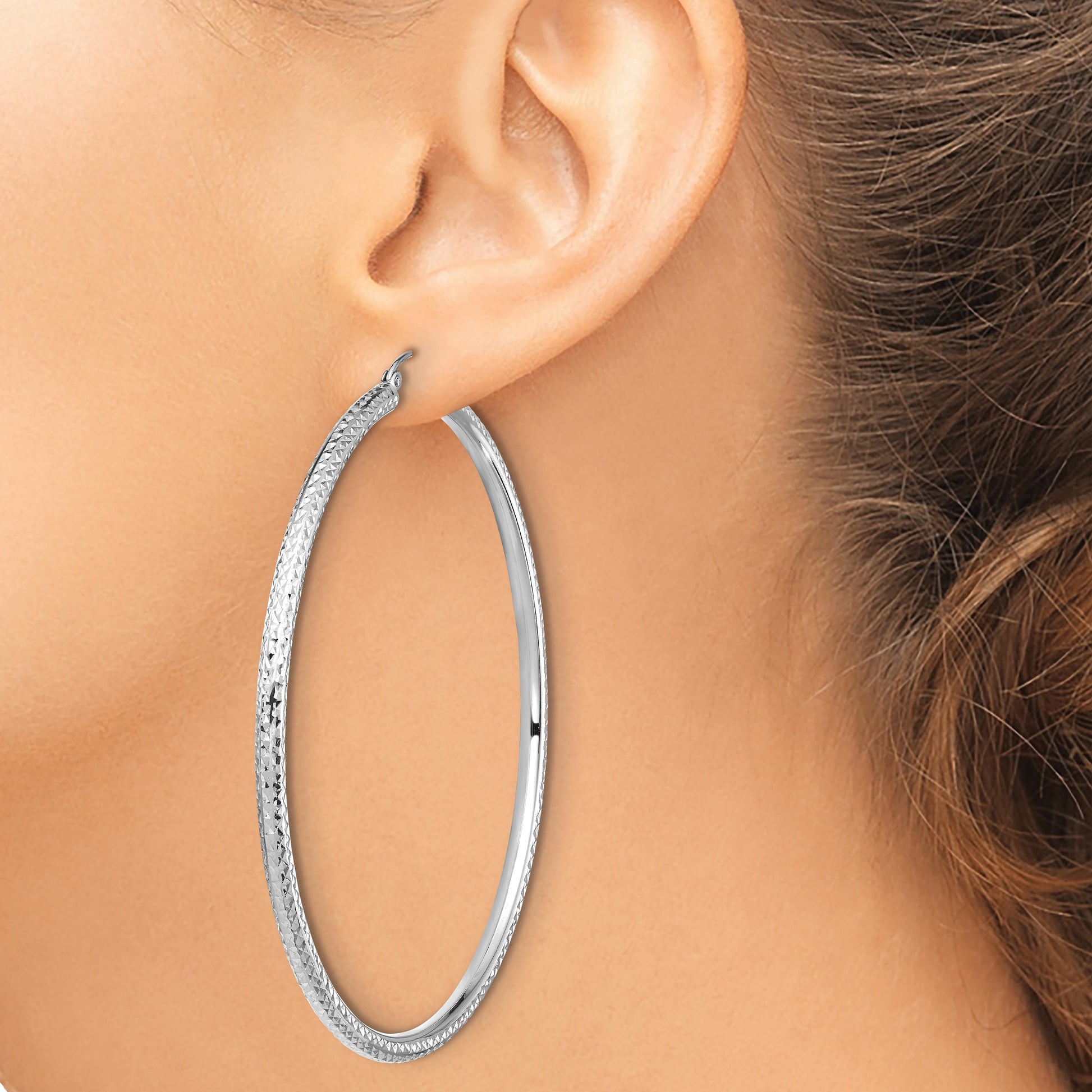 14k White Gold 3x70mm Lightweight Diamond-cut Tube Hoop Earrings