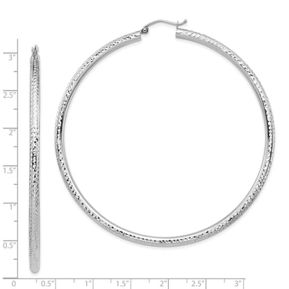 14k White Gold 3x70mm Lightweight Diamond-cut Tube Hoop Earrings