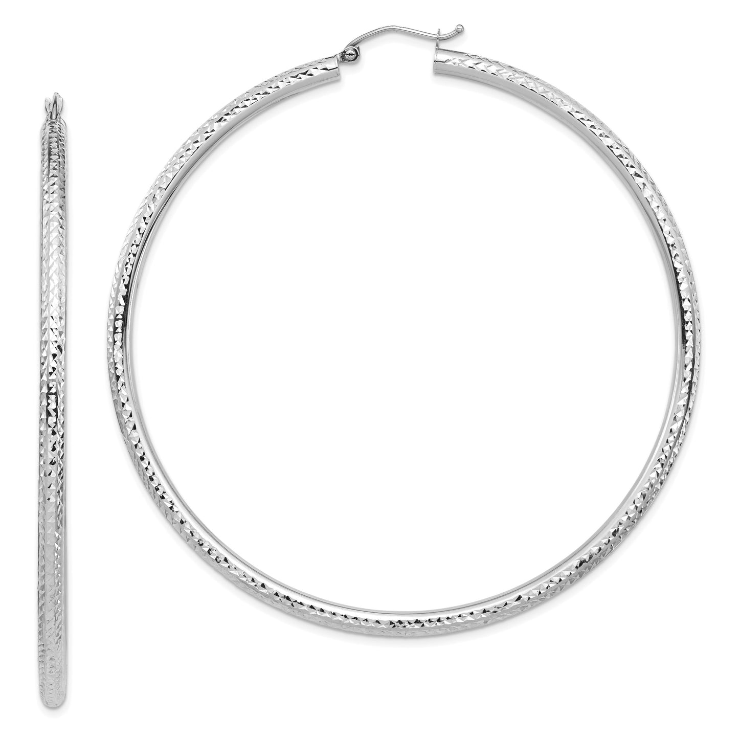 14k White Gold 3x70mm Lightweight Diamond-cut Tube Hoop Earrings