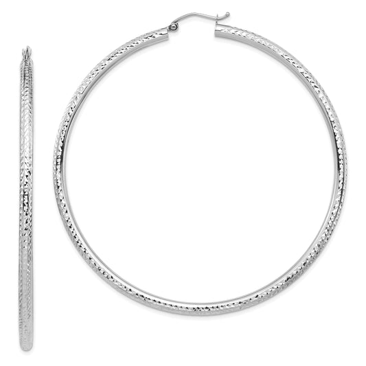 14k White Gold 3x70mm Lightweight Diamond-cut Tube Hoop Earrings