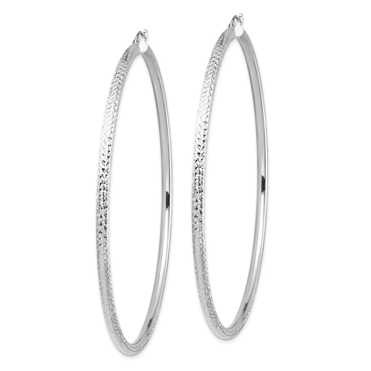 14k White Gold 3x80mm Lightweight Diamond-cut Tube Hoop Earrings