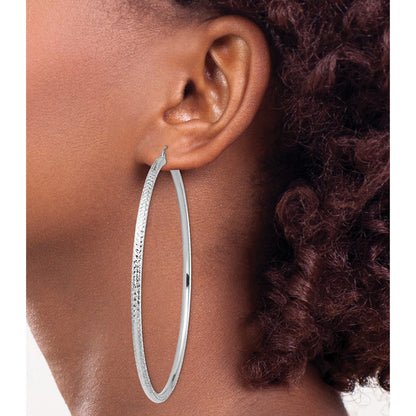 14k White Gold 3x80mm Lightweight Diamond-cut Tube Hoop Earrings