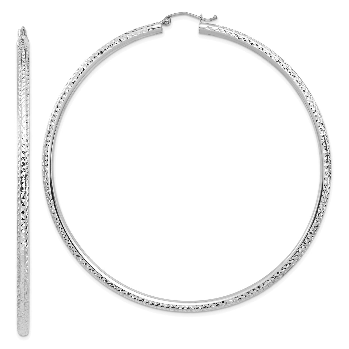 14k White Gold 3x80mm Lightweight Diamond-cut Tube Hoop Earrings