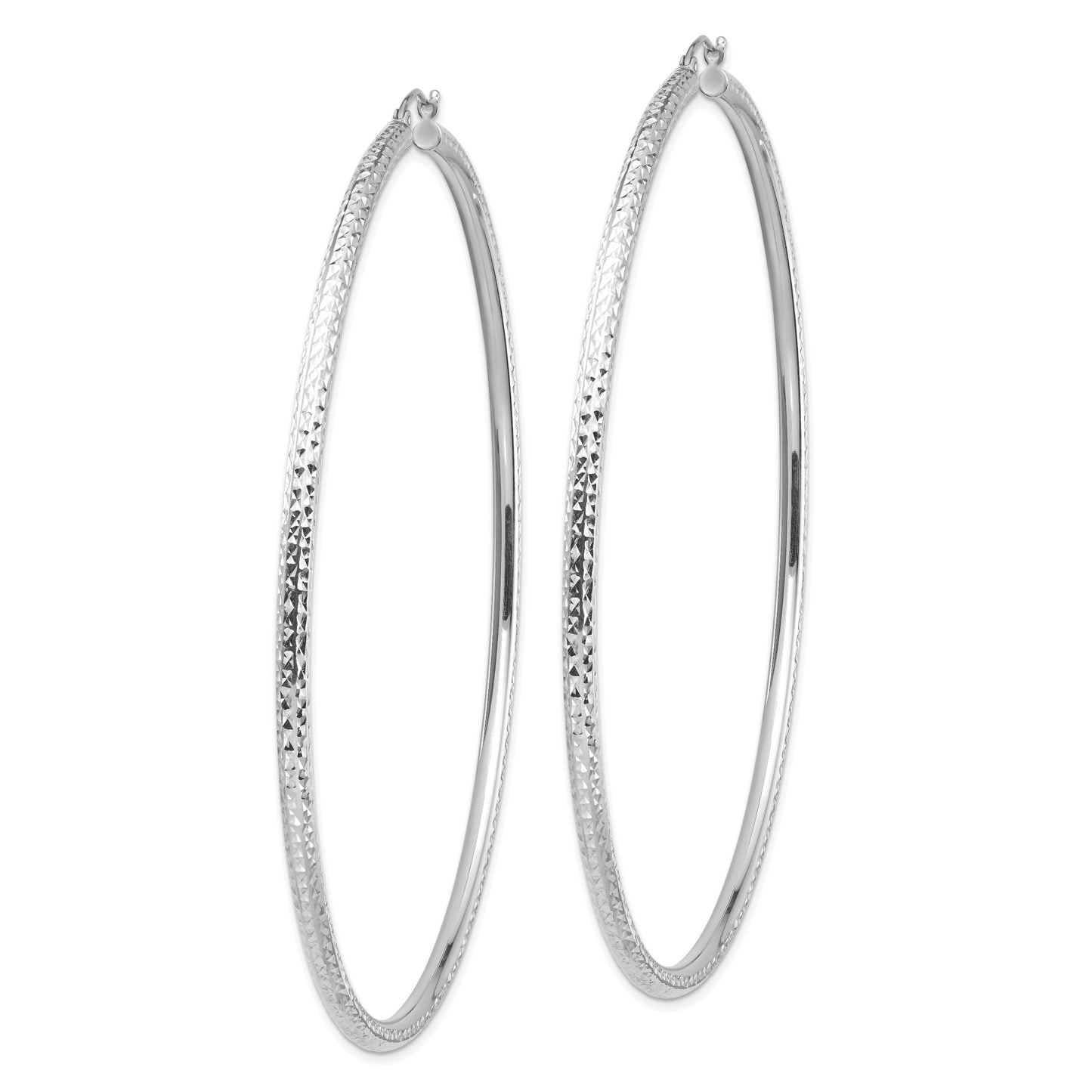 14k White Gold 3x90mm Lightweight Diamond-cut Tube Hoop Earrings