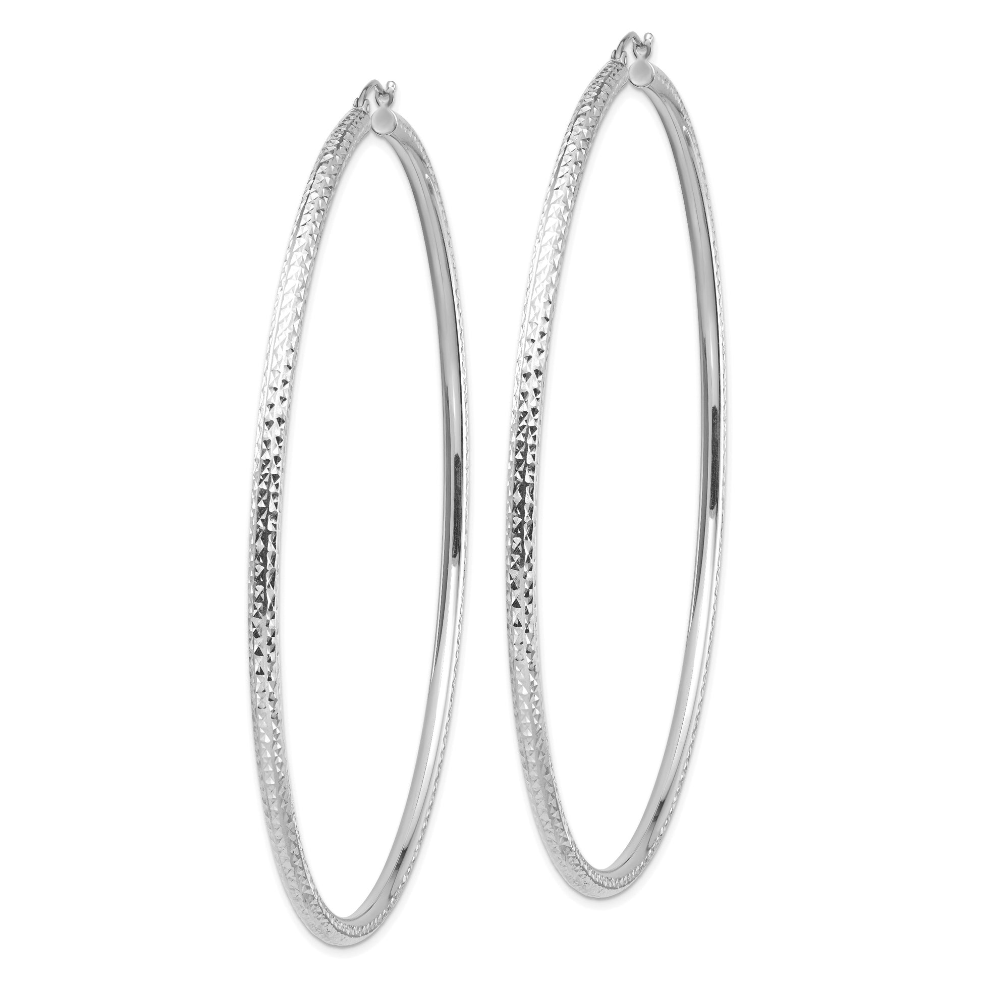 14k White Gold 3x90mm Lightweight Diamond-cut Tube Hoop Earrings