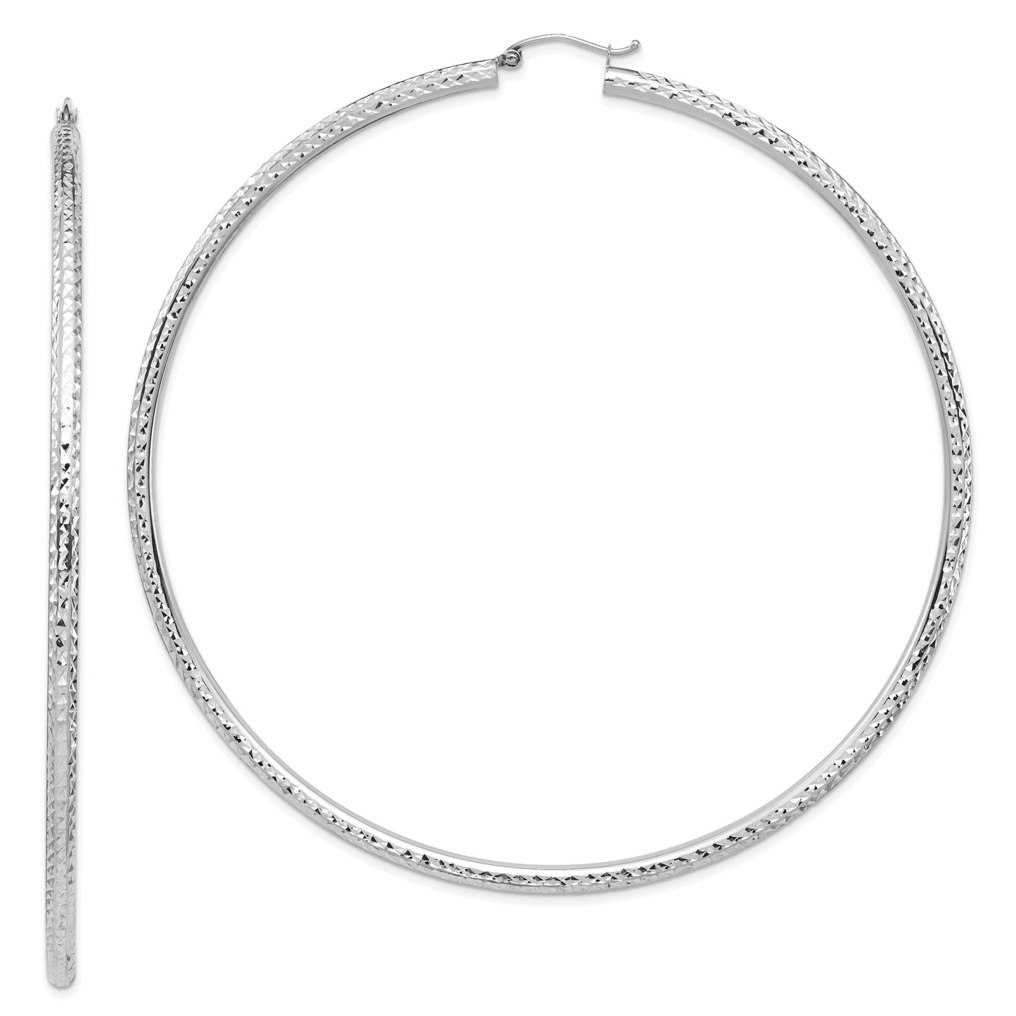14k White Gold 3x90mm Lightweight Diamond-cut Tube Hoop Earrings