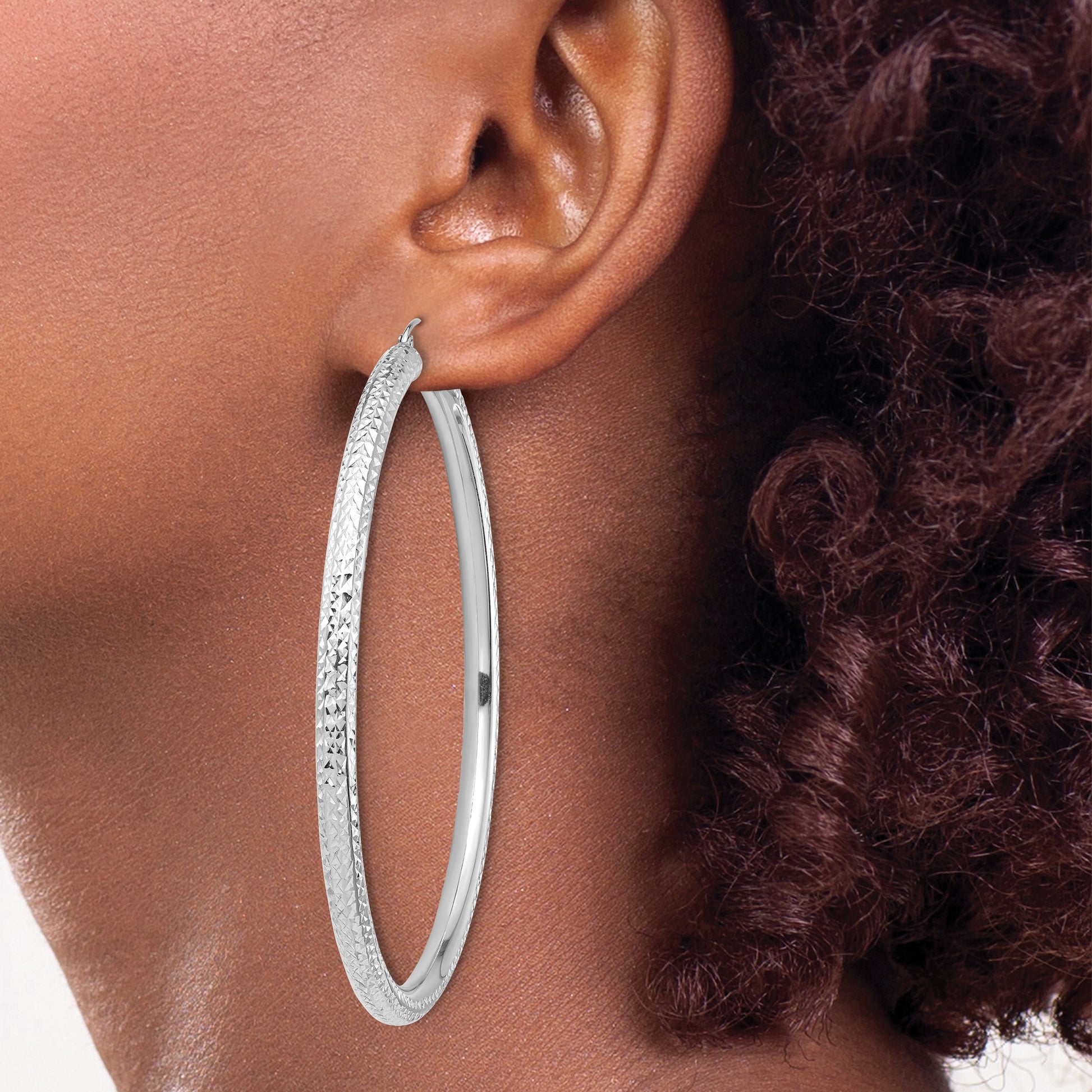 14k White Gold 4x70mm Diamond-cut Lightweight Round Tube Hoop Earrings
