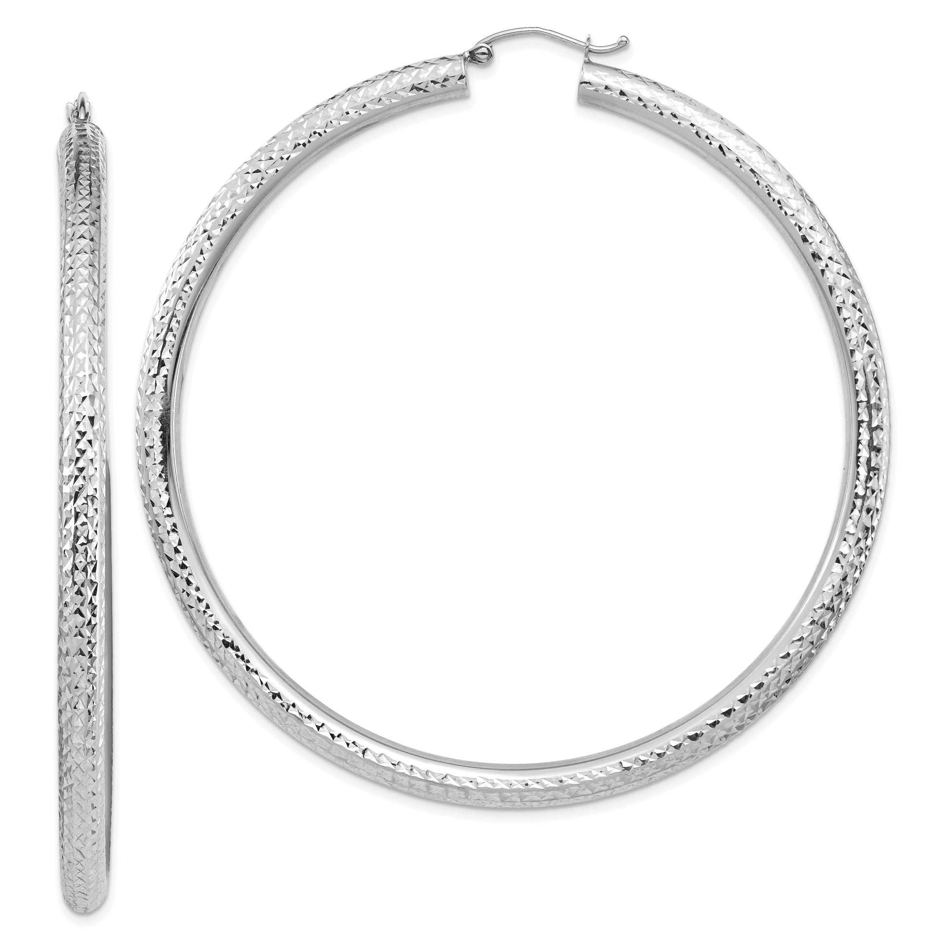 14k White Gold 4x70mm Diamond-cut Lightweight Round Tube Hoop Earrings