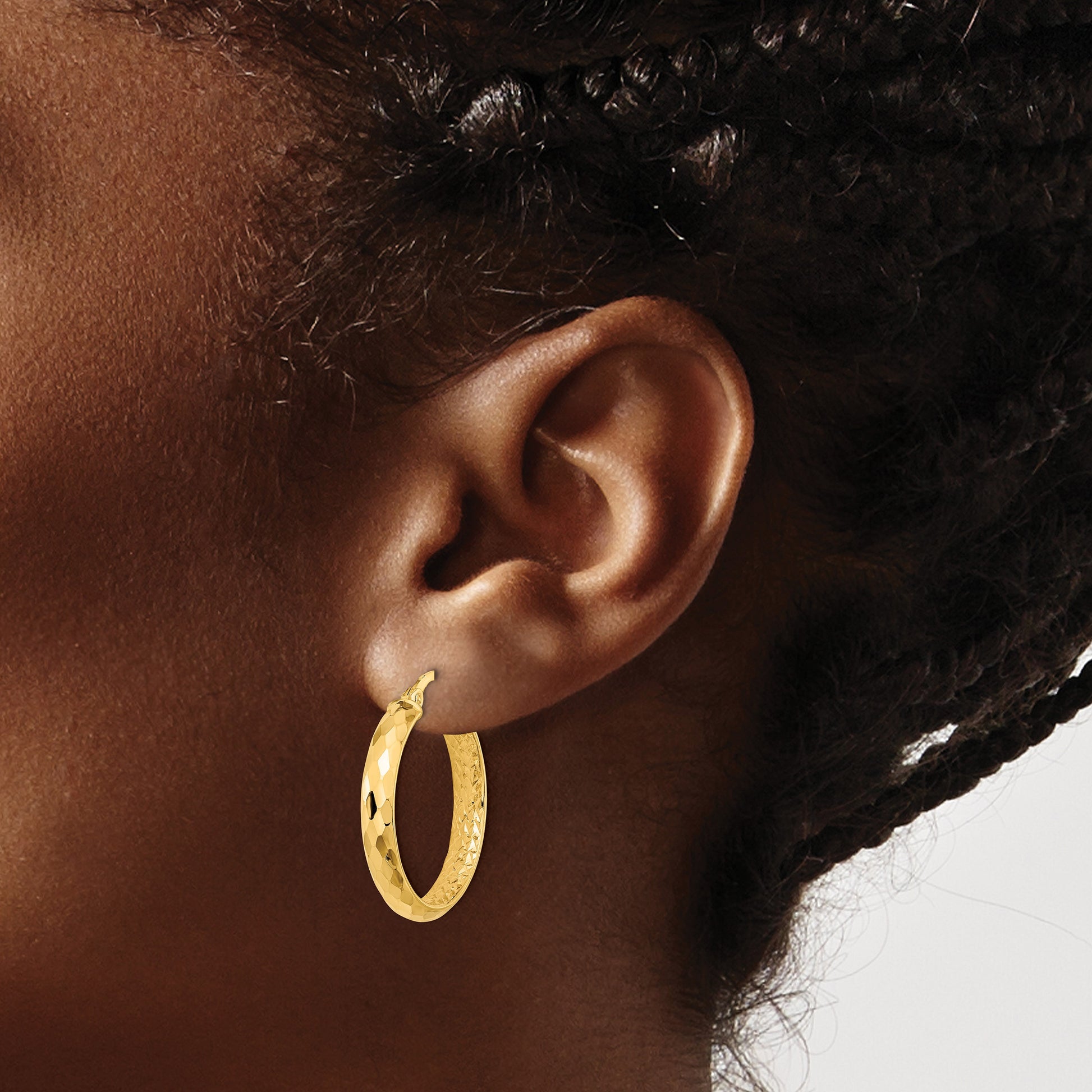 14K 3.75x24mm Faceted Texture with Diamond-cut Inside Fancy Tube Hoop Earrings