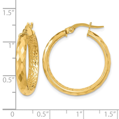 14K 3.75x24mm Faceted Texture with Diamond-cut Inside Fancy Tube Hoop Earrings