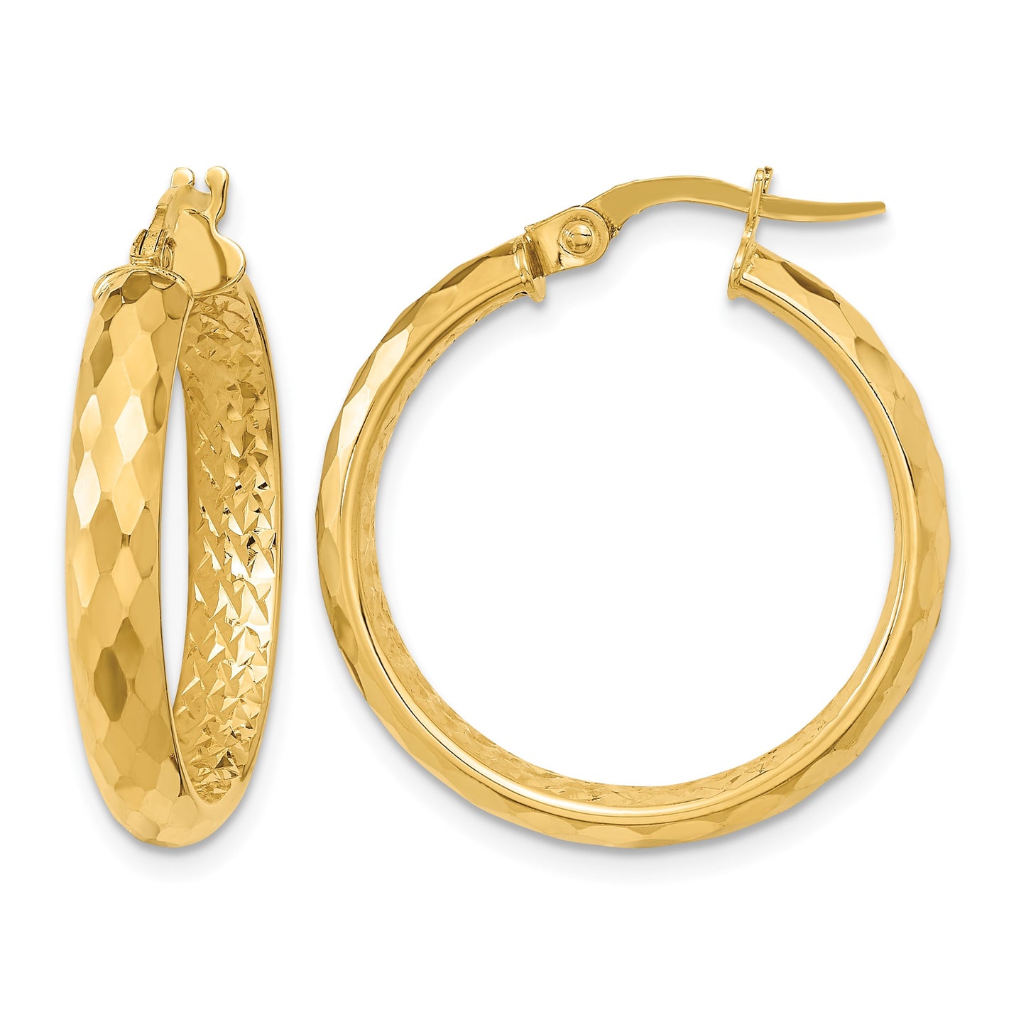 14K 3.75x24mm Faceted Texture with Diamond-cut Inside Fancy Tube Hoop Earrings