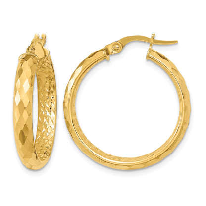 14K 3.75x24mm Faceted Texture with Diamond-cut Inside Fancy Tube Hoop Earrings