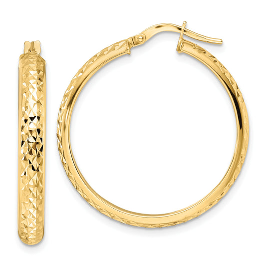 14K 4x30mm Polished Diamond-cut Tube Hoop Earrings