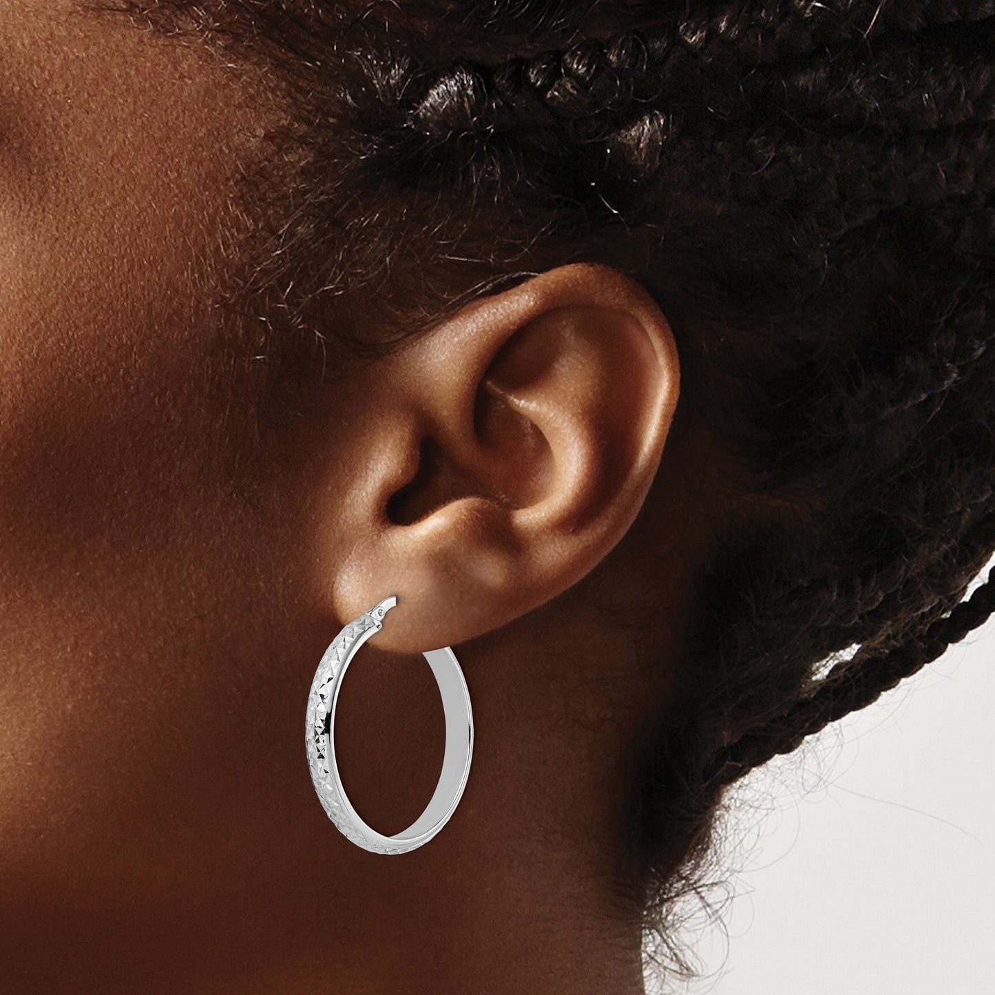 14K White Gold 4x30mm Diamond-cut Tube Hoop Earrings