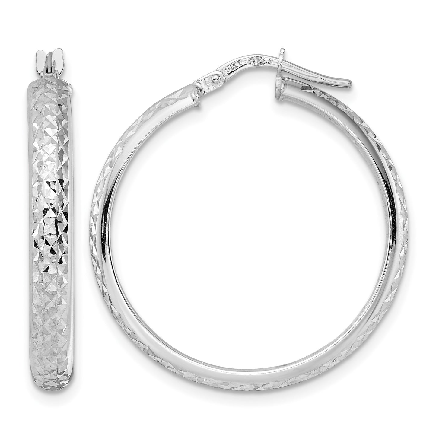 14K White Gold 4x30mm Diamond-cut Tube Hoop Earrings