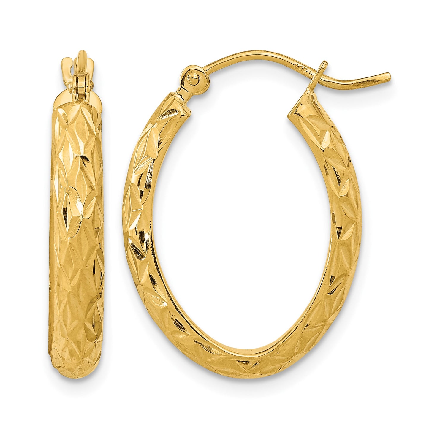 14K Polished Diamond-cut Fancy Oval Hoop Earrings