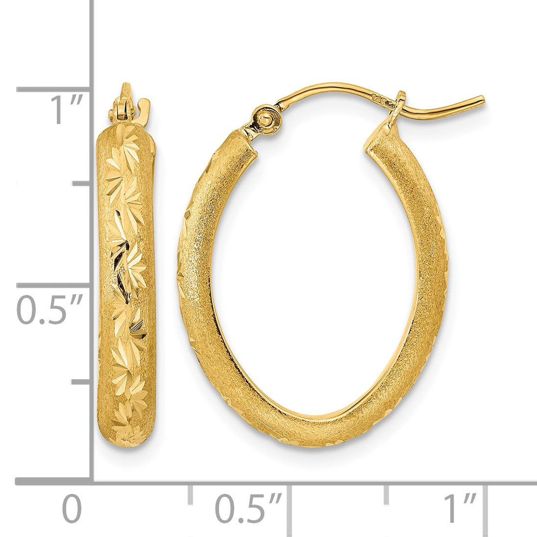 14K Polished and Satin Diamond-cut Oval Hoop Earrings