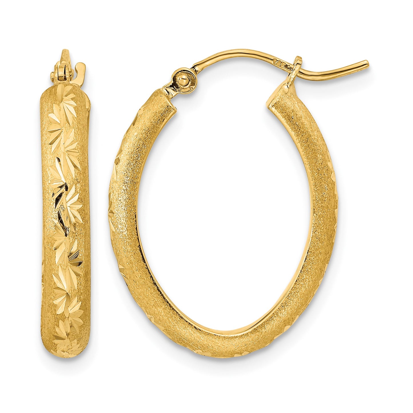 14K Polished and Satin Diamond-cut Oval Hoop Earrings