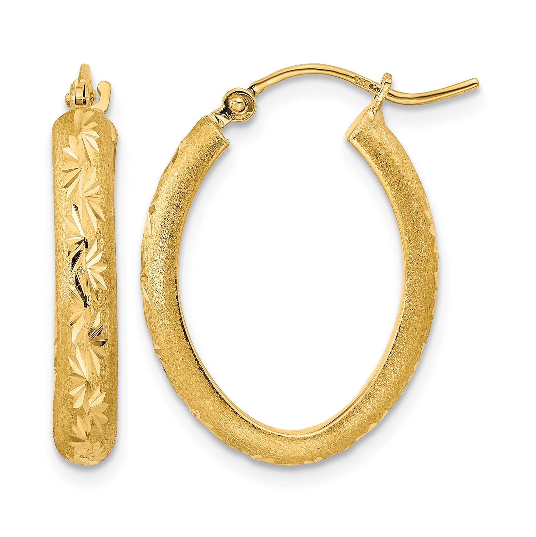 14K Polished and Satin Diamond-cut Oval Hoop Earrings