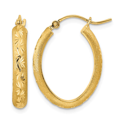 14K Polished and Satin Diamond-cut Oval Hoop Earrings