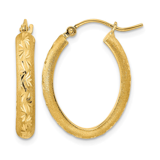 14K Polished and Satin Diamond-cut Oval Hoop Earrings