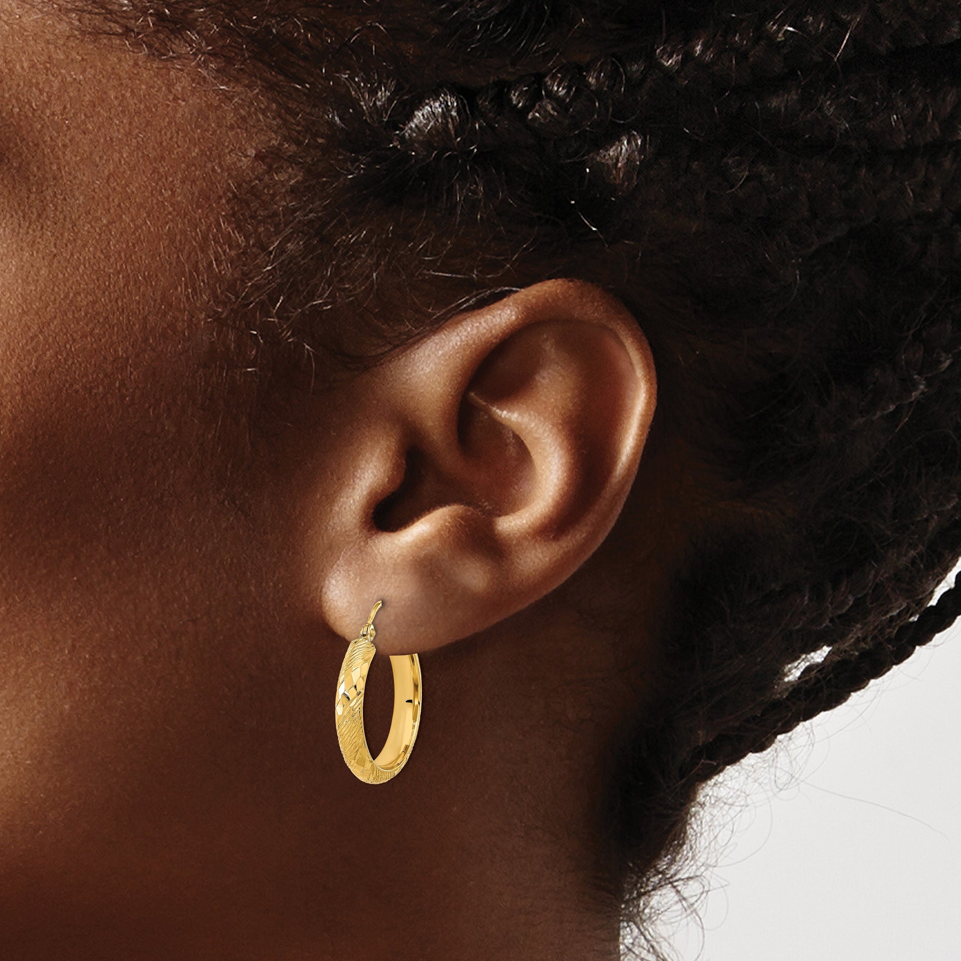 14K Polished and Textured D/C Fancy Pattern Hoop Earrings