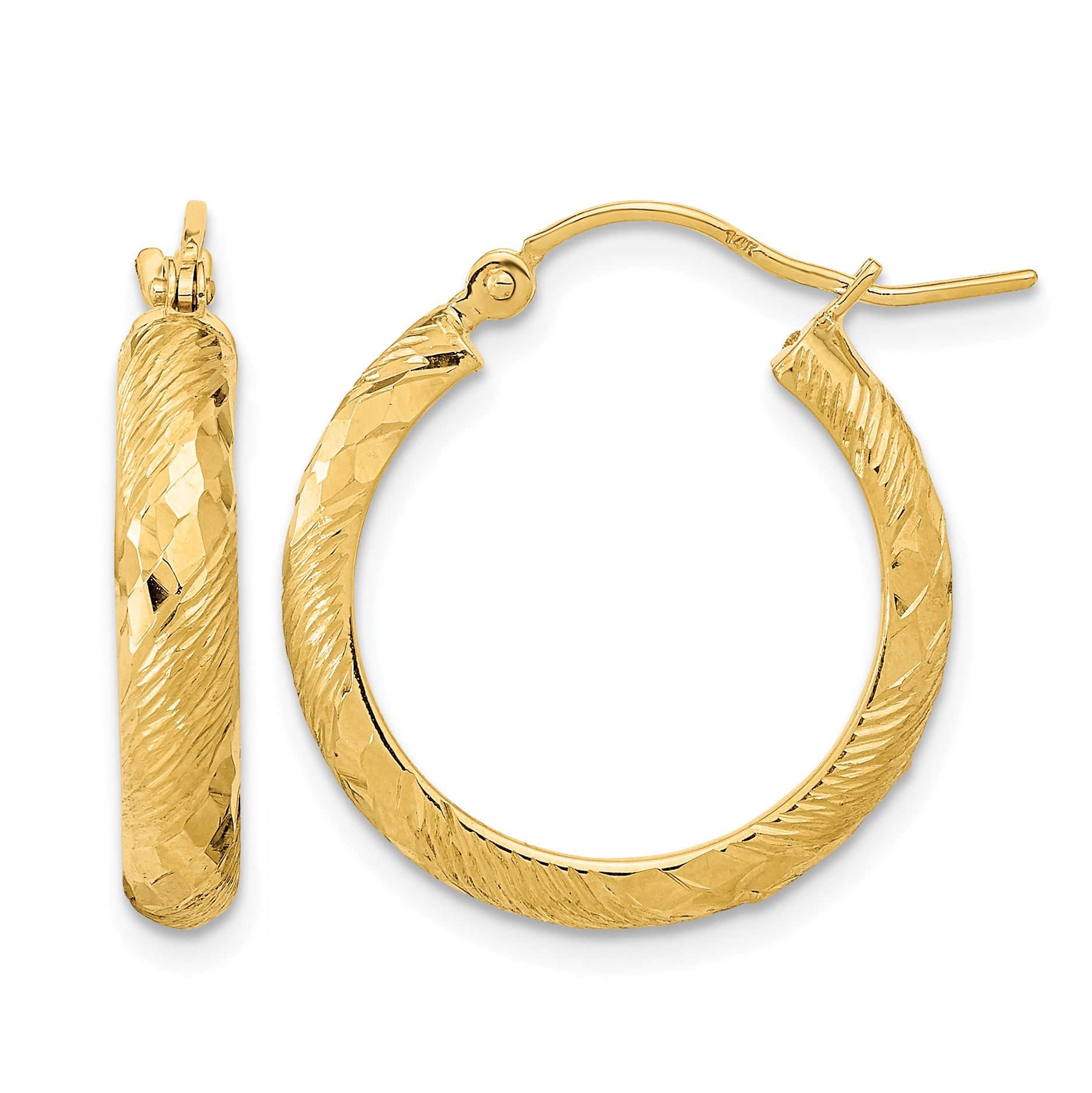 14K Polished and Textured D/C Fancy Pattern Hoop Earrings