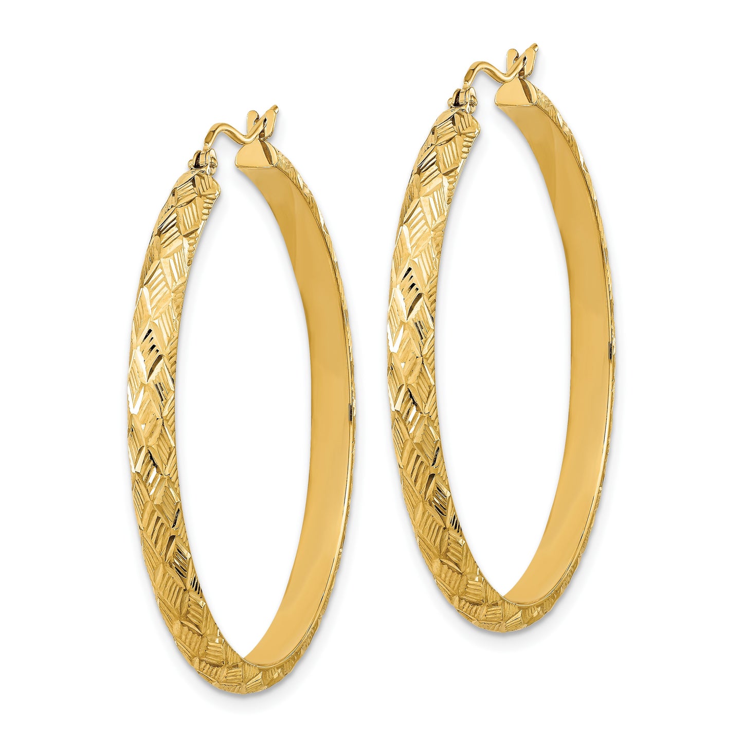 14K Polished and Textured Fancy Diamond Cut Hoop Earrings