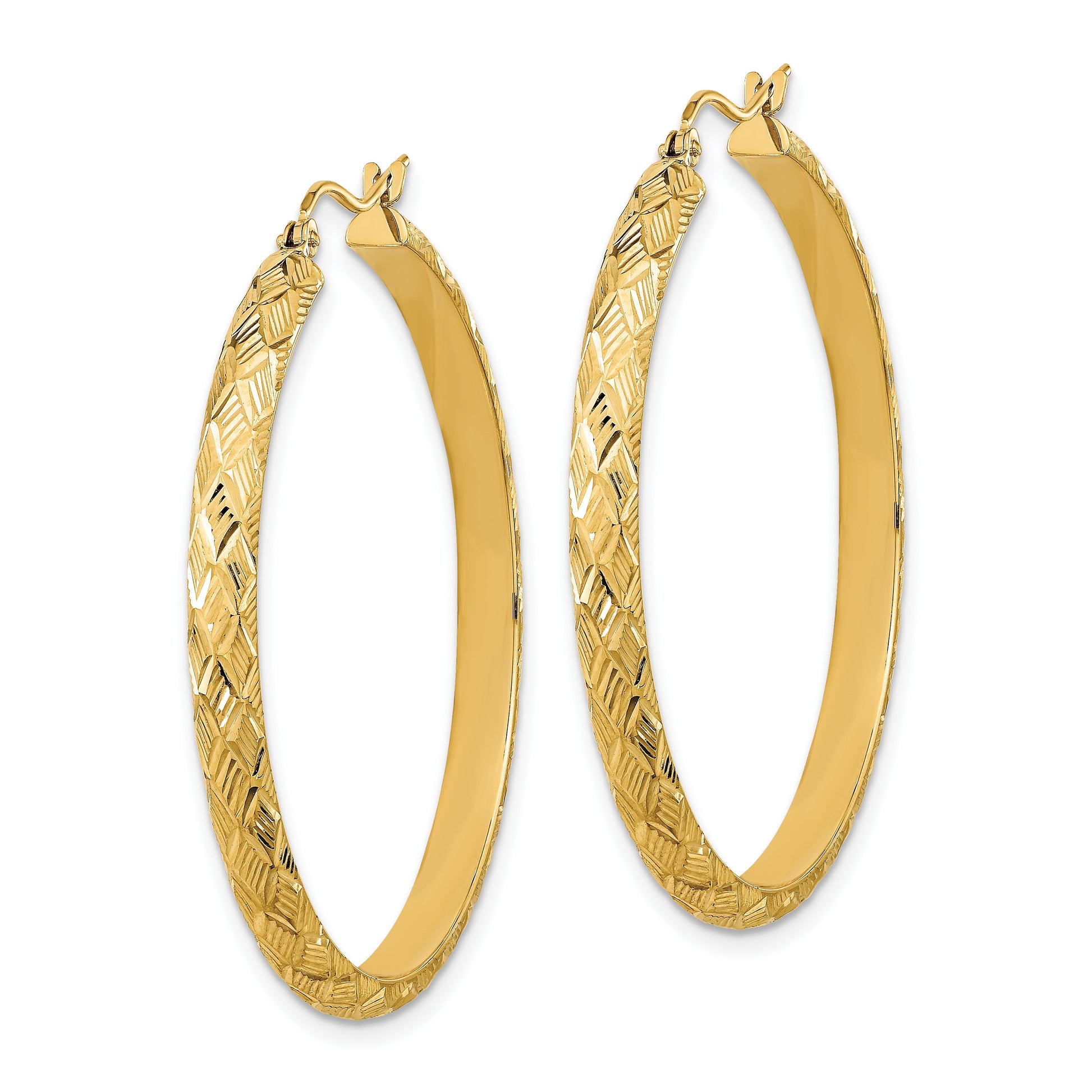 14K Polished and Textured Fancy Diamond Cut Hoop Earrings