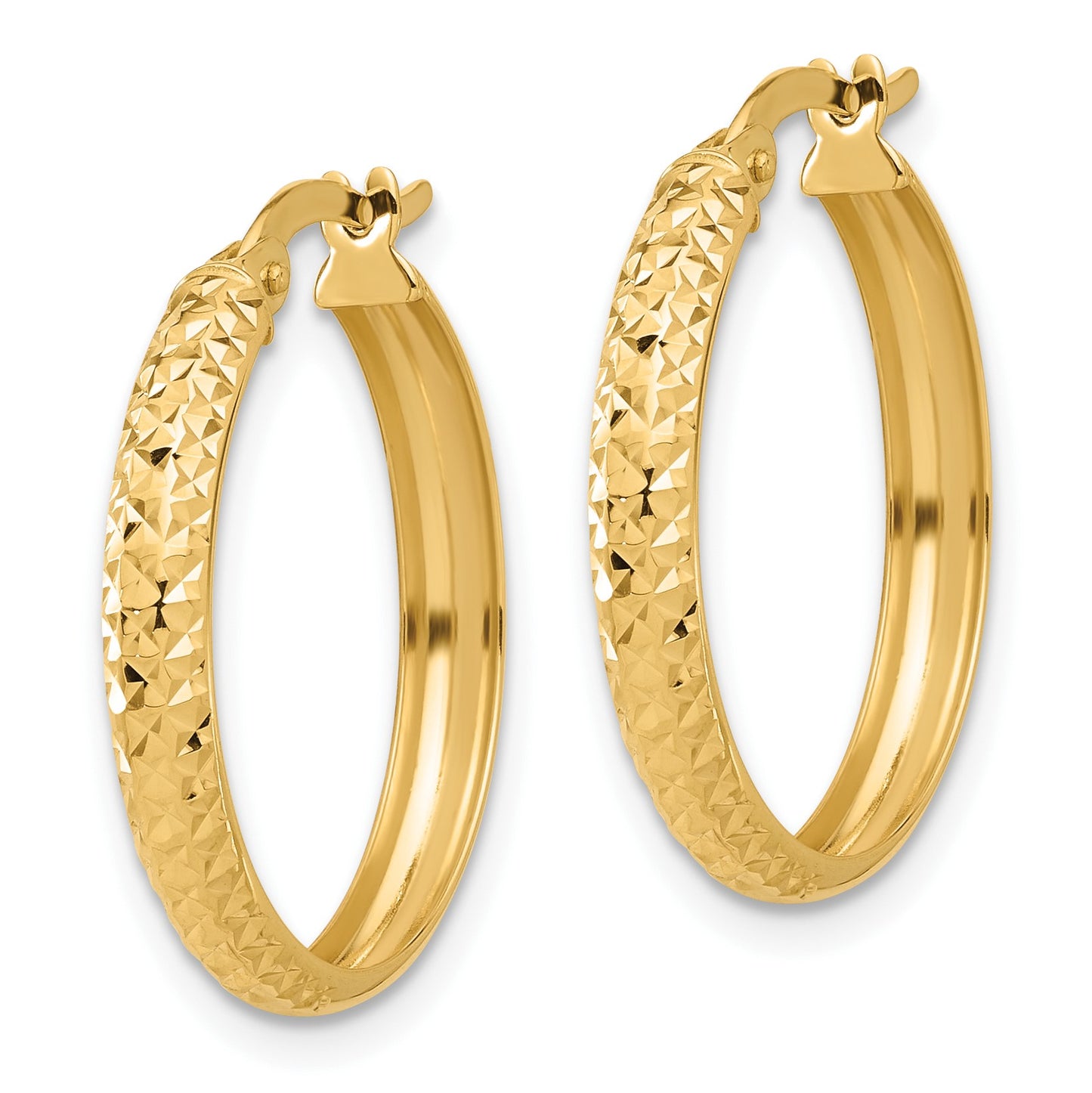 14K 3x22mm Polished and Diamond-cut Hoop Earrings